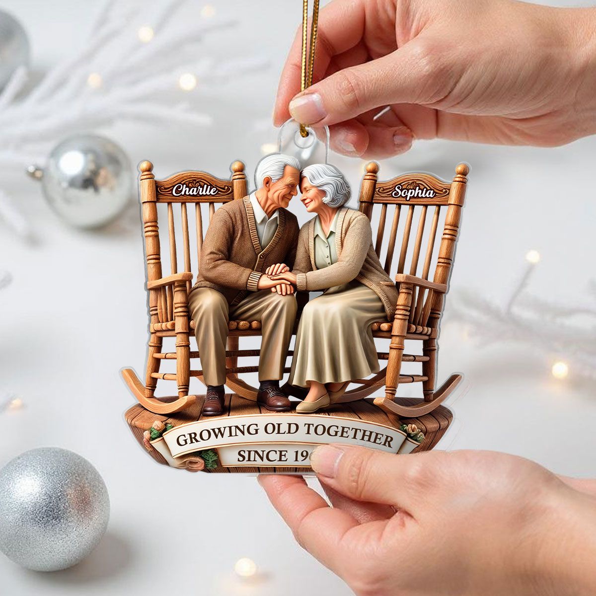 3D Effect Old Couple Sitting On Rocking Chairs Together Personalized Acrylic Ornament