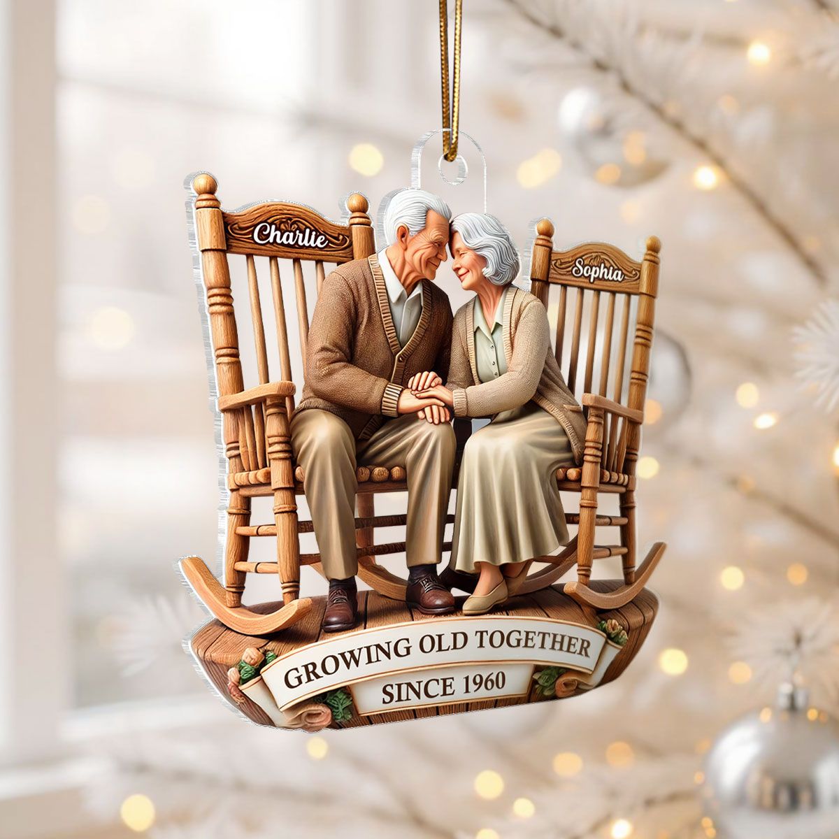 3D Effect Old Couple Sitting On Rocking Chairs Together Personalized Acrylic Ornament