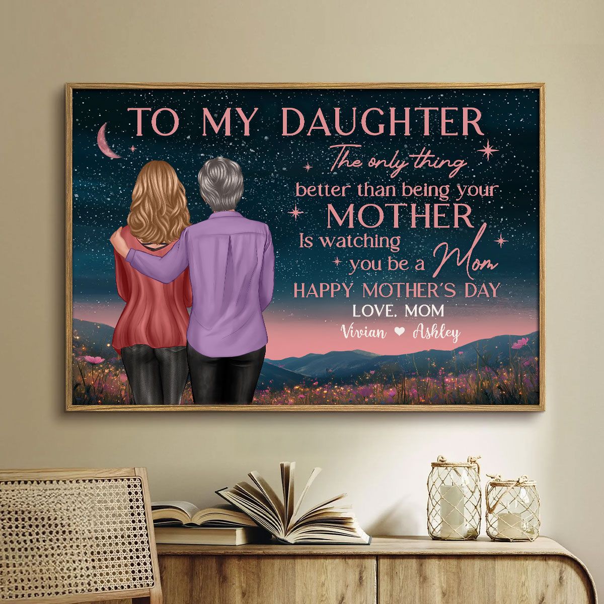 Mother & Daughter In Beautiful Hill At Night Watching You Be A Mom Personalized Canvas, Mother's Day Gift