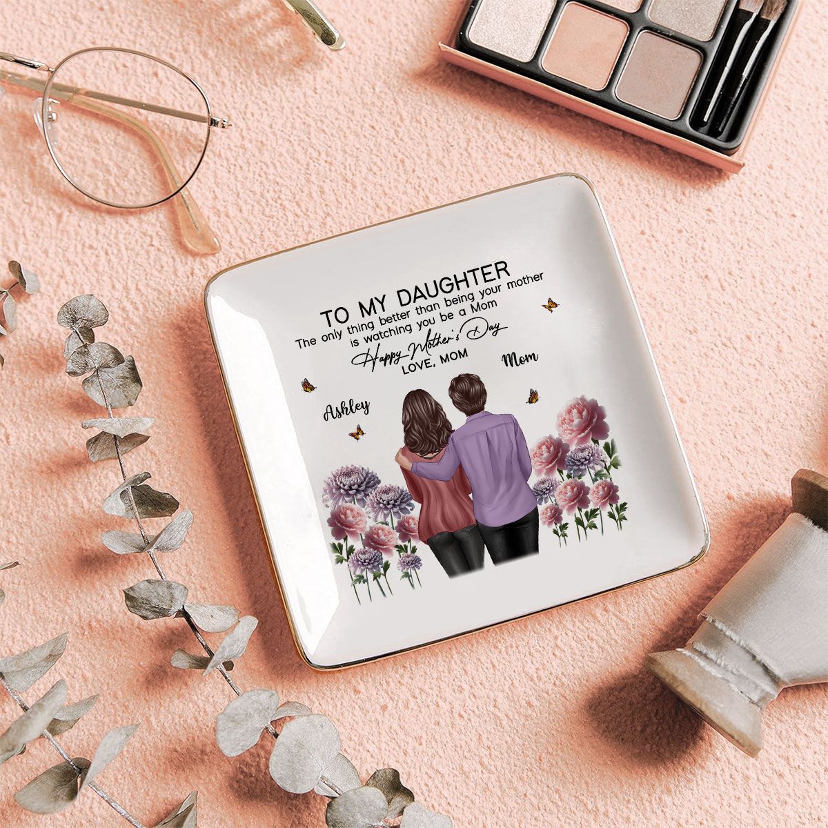 To My Daughter From Mom Happy Mother's Day Birth Flower Personalized Jewelry Dish, Mother's Day Gift For Daughter