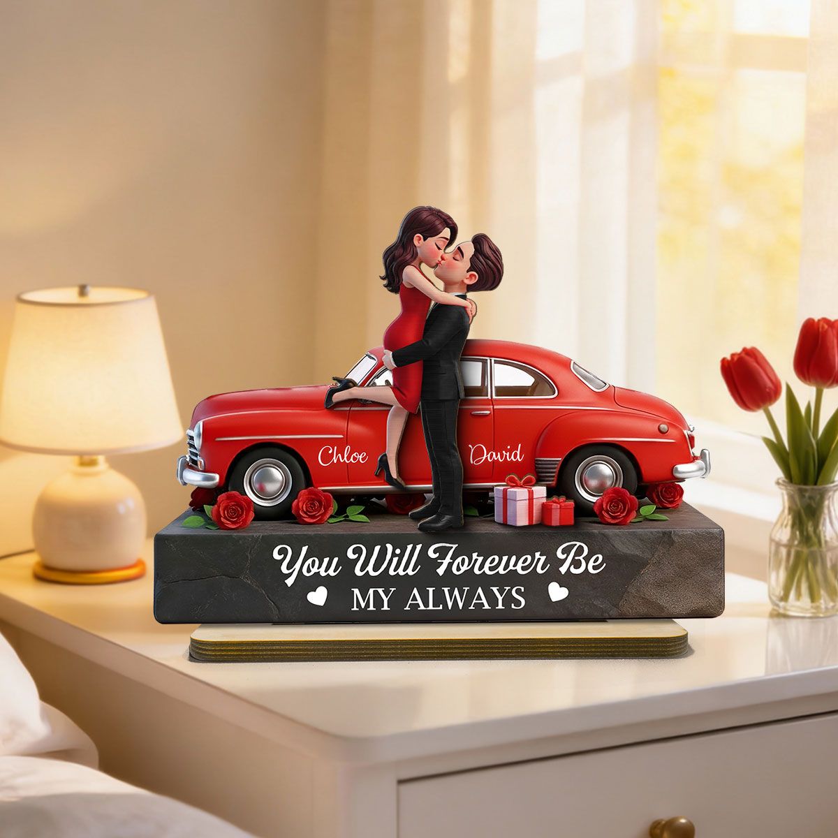 Romantic Couple Hugging Kissing Valentine Car - Personalized 2-Layered Wooden Plaque - Valentine's Day Gift For Couple