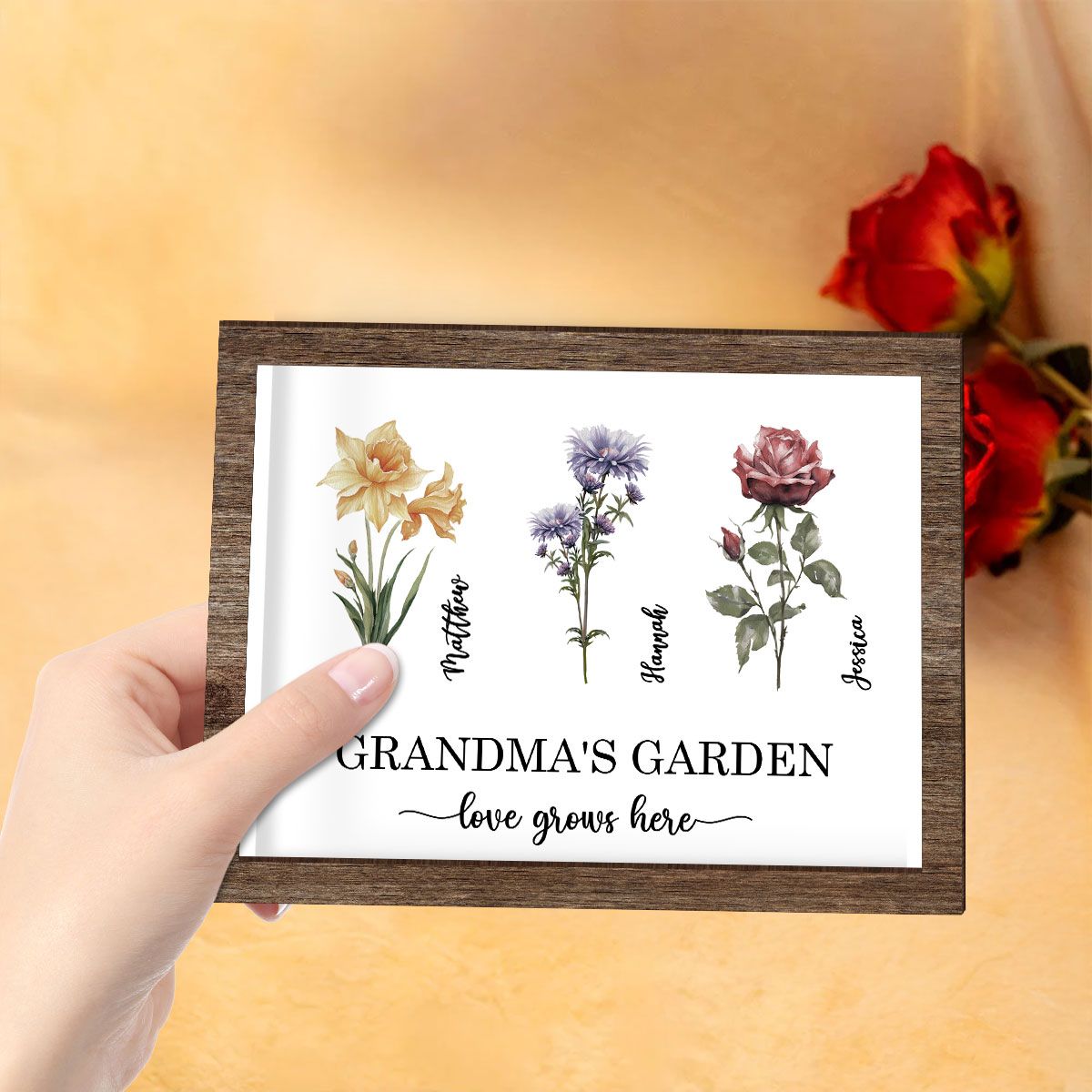 Grandma's Garden Love Grows Here Birth Month Flower Personalized 2-Layered Wooden Frame with LED, Heartfelt Mother's day gift for Grandma, Mom