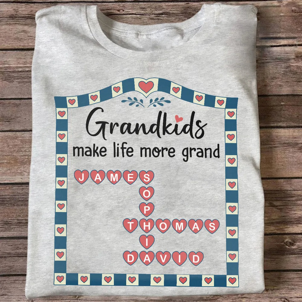 Old School Vintage Grandkids Names Crossword Puzzle Art - Personalized Shirt - Gift For Grandma