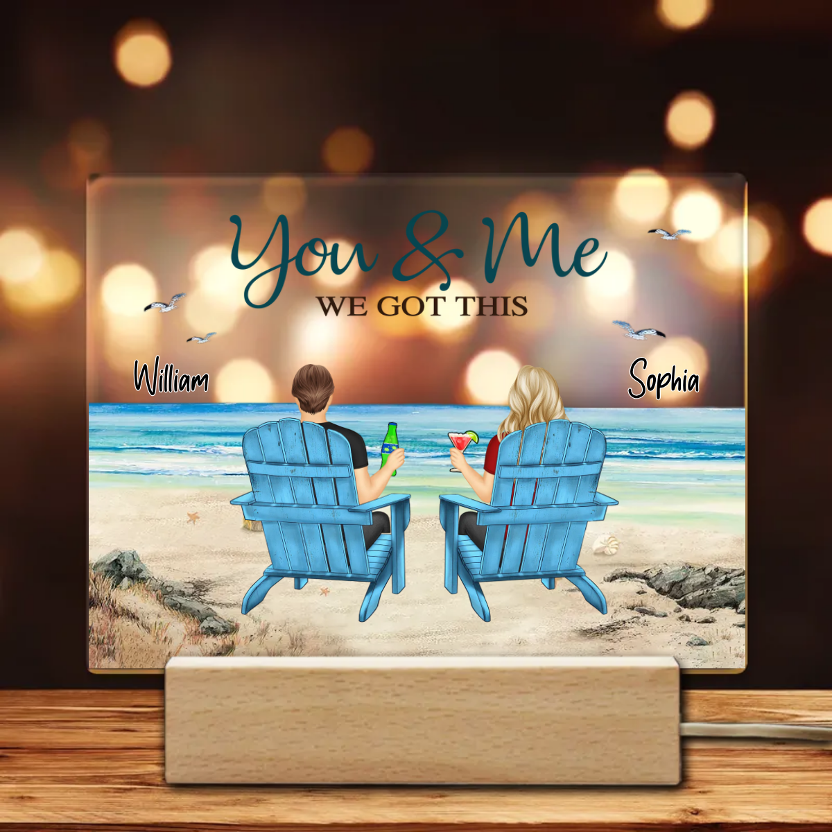 Back View Couple Sitting Beach Landscape Personalized Custom Shape Acrylic Plaque LED Night Light