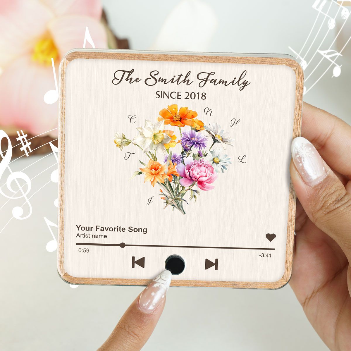 Birth Month Flower Bouquet Family Name Personalized Music Fridge Magnet