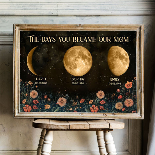 Vintage Flowers The Day You Become Mom Grandma Custom Birth Moon Phase Personalized Canvas, Mother's Day Gift