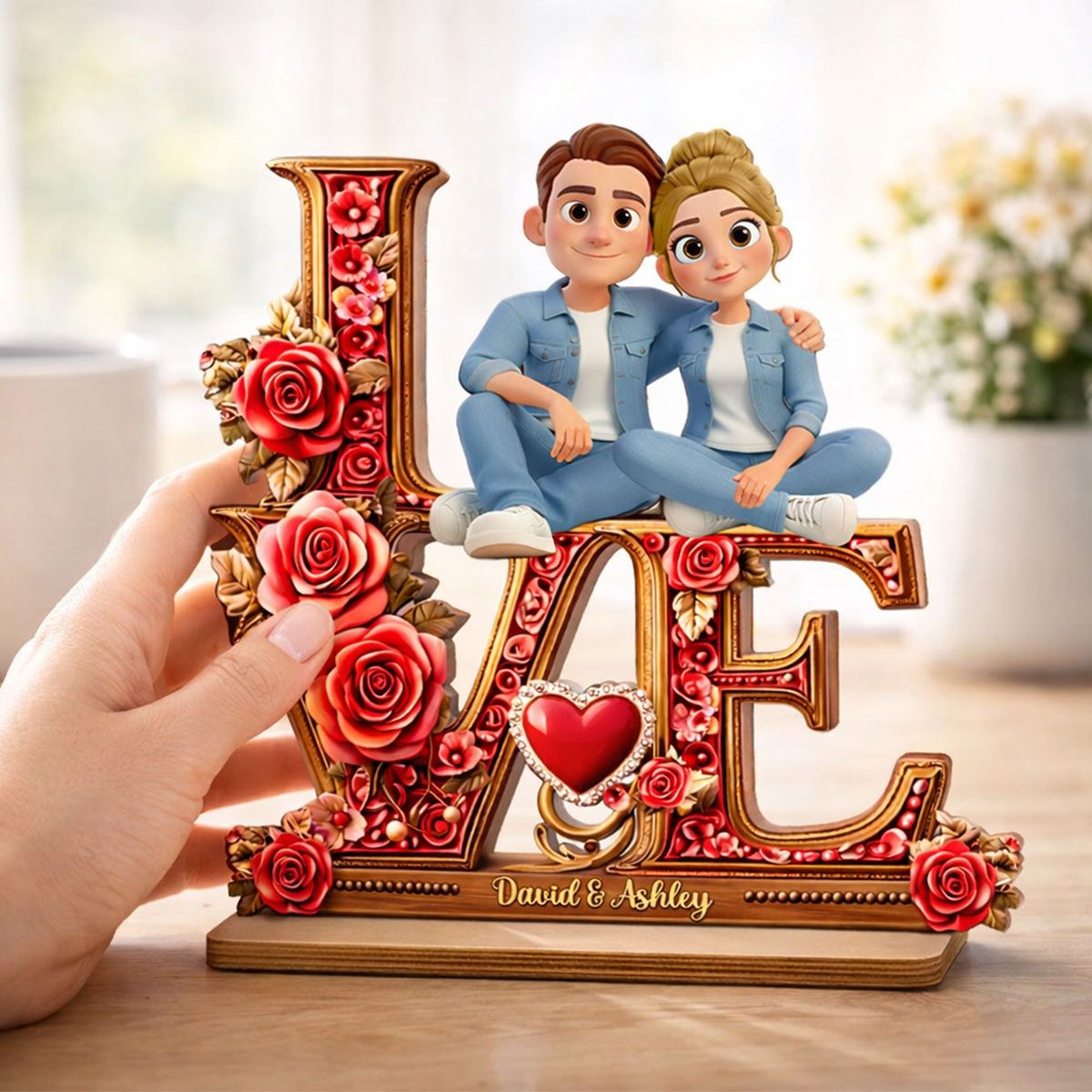 Couple Heart Rose Love - Personalized 2-Layered Wooden Plaque - Heartfelt Valentine's Day Gift for Her, for Him
