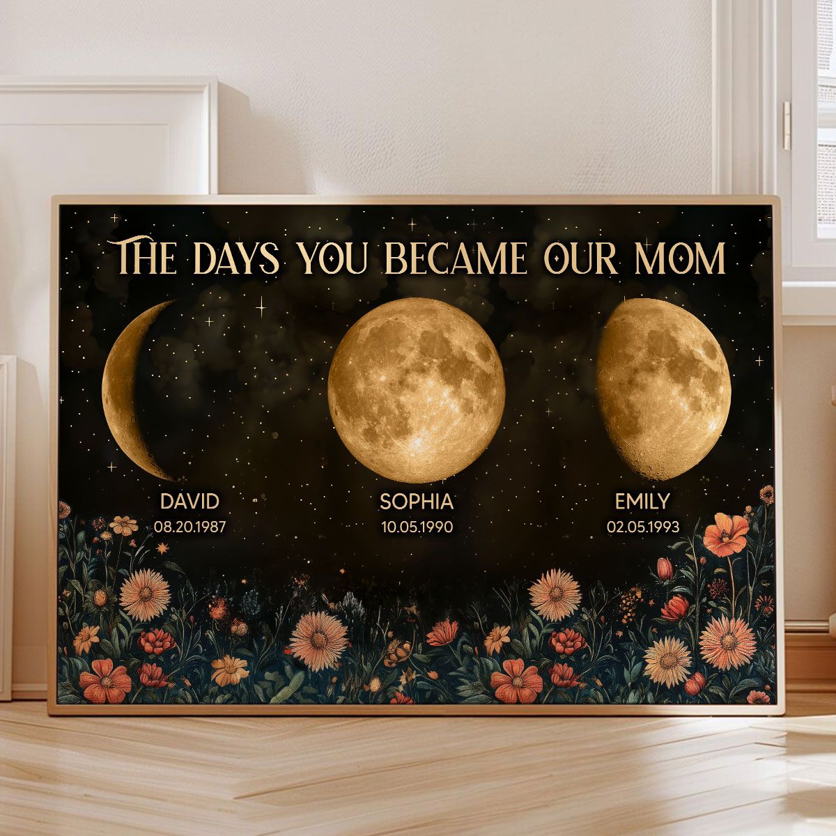 Vintage Flowers The Day You Become Mom Grandma Custom Birth Moon Phase Personalized Canvas, Mother's Day Gift