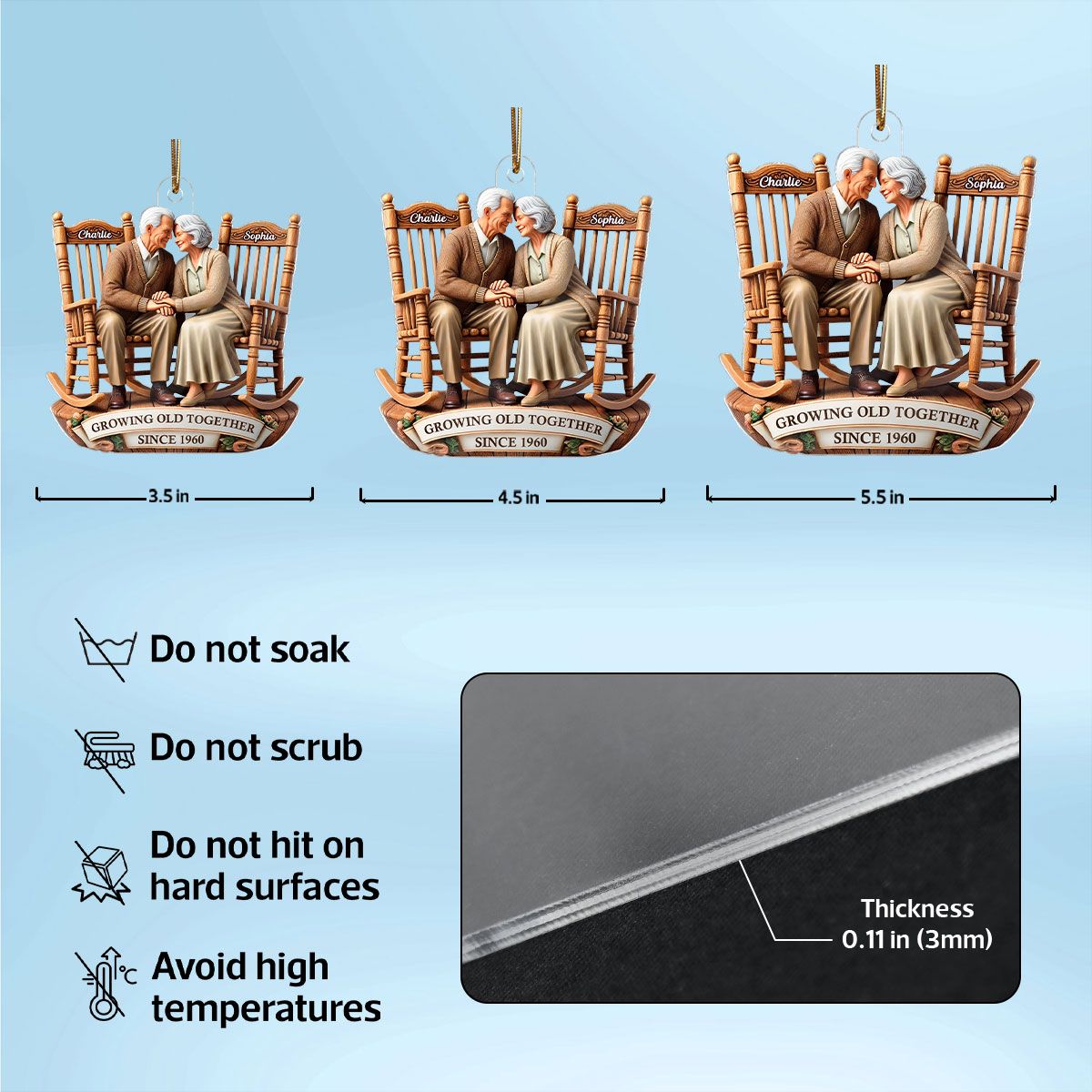 3D Effect Old Couple Sitting On Rocking Chairs Together Personalized Acrylic Ornament