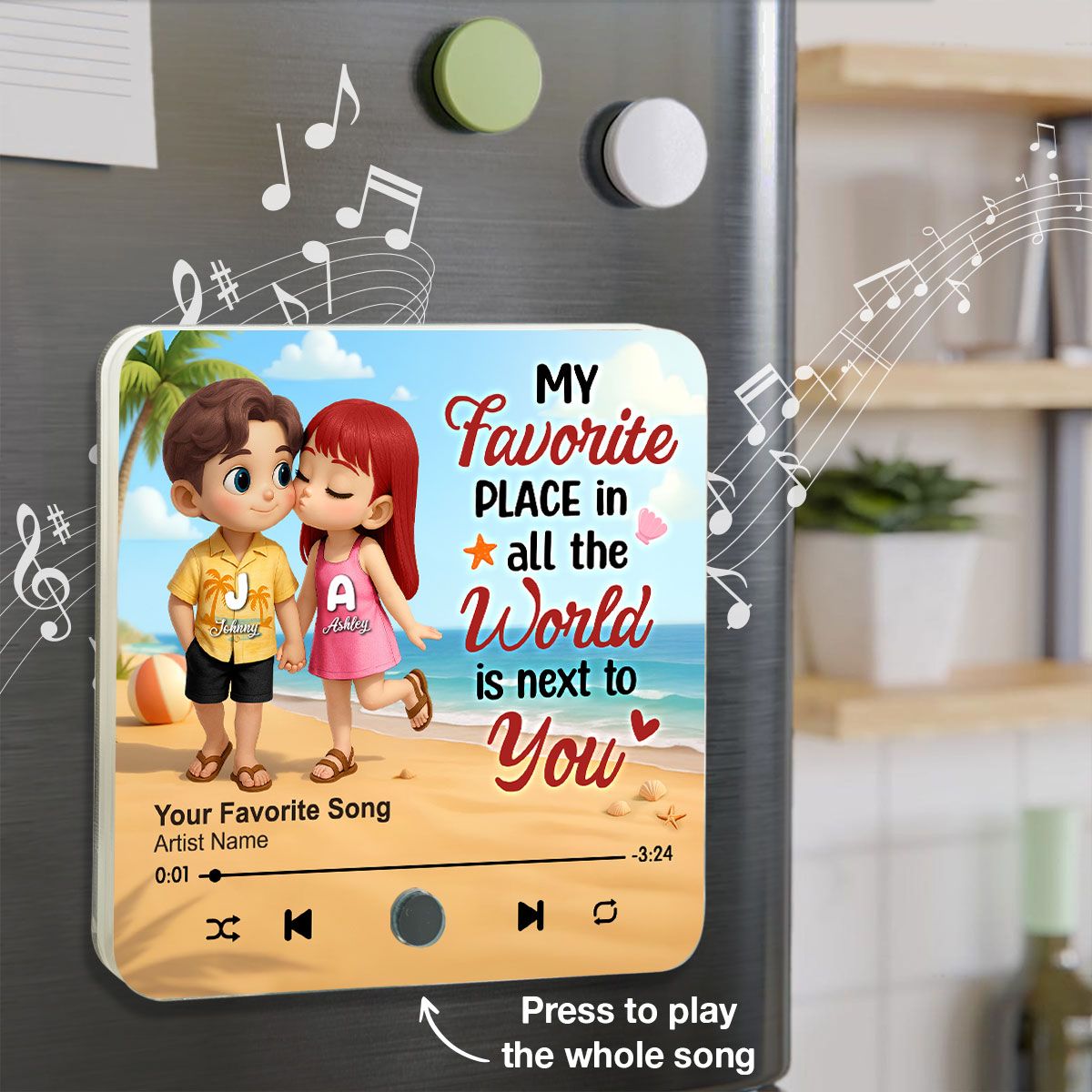 My Favorite Place in All the World is Next to You, Summer Cartoon Couple Personalized Music Fridge Magnet