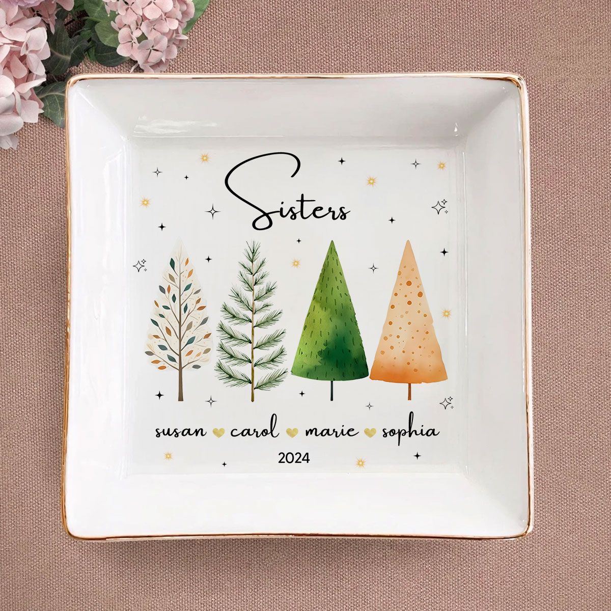 Christmas Trees Besties Sisters Personalized Jewelry Dish, Bridesmaid Gift, Best Friend Flower Ring Dish, Gift for Bestie, Christmas Gifts