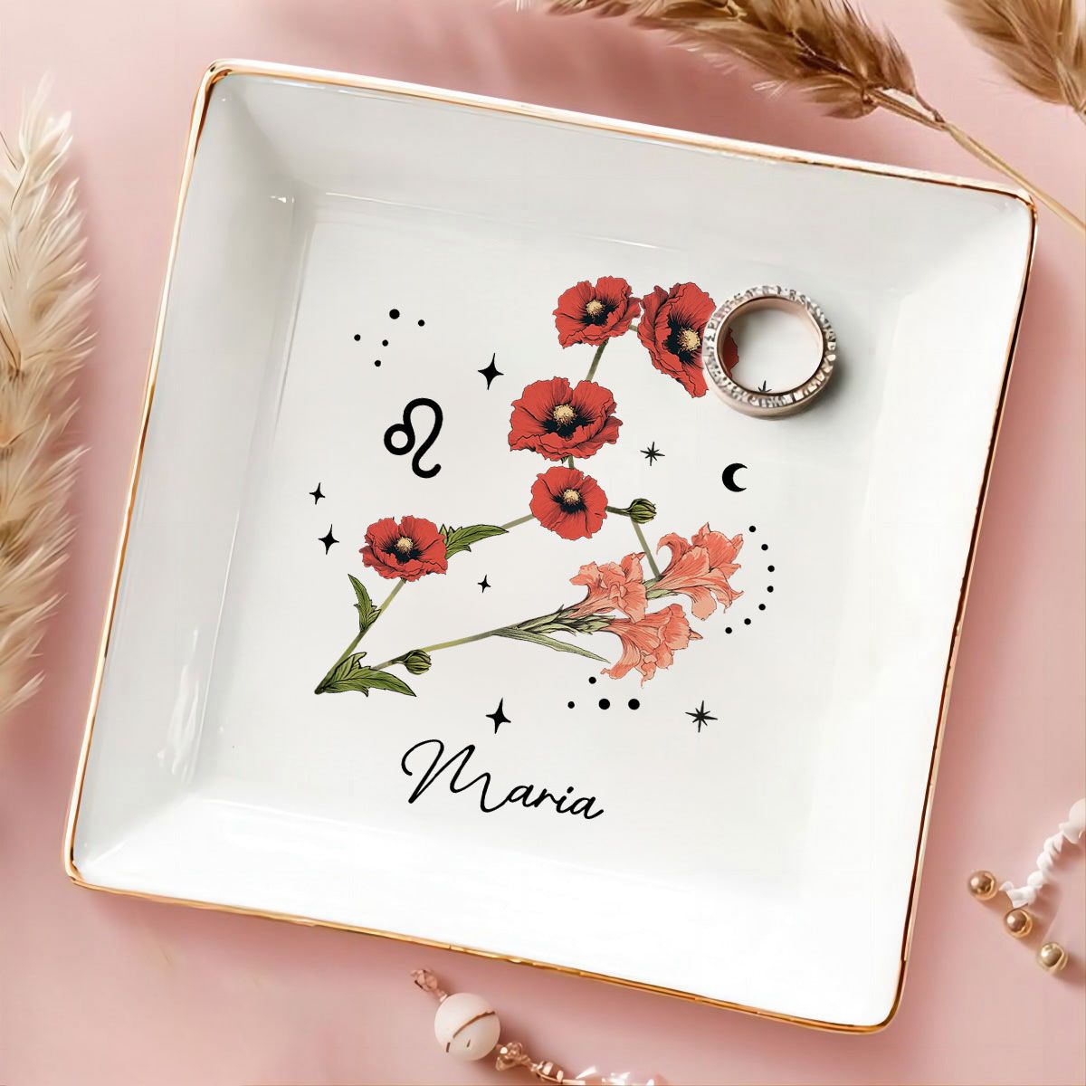Zodiac Sign Birth Month Flower Personalized Jewelry Dish, Gifts For Friends, Daughter, Birthday Gifts