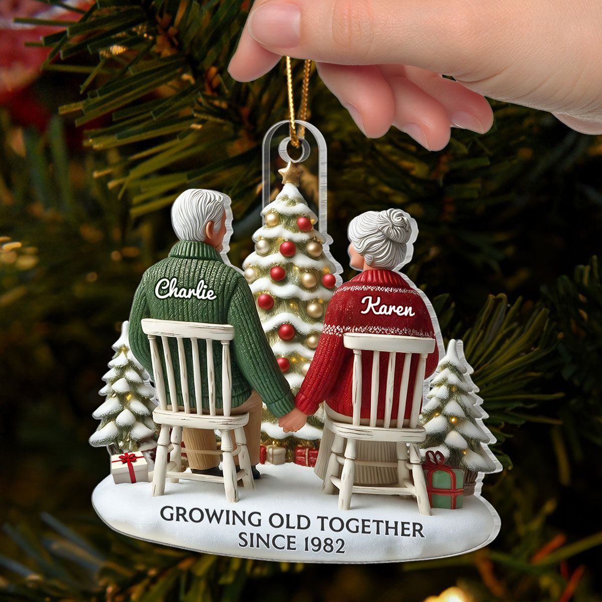 Old Couple Growing Old Together Christmas Personalized Flat Acrylic Ornament, Christmas Gift For Him, For Her, Husband, Wife