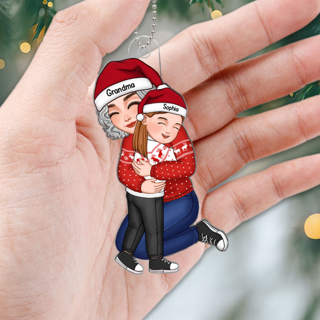 Cute Grandma Grandpa Hugging GrandKid Personalized Acrylic Ornament, Christmas Gift For Granddaughter Grandson