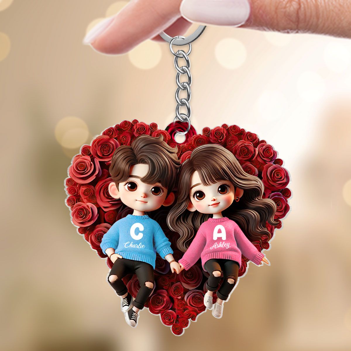 Cute Couple Lying On Rose Heart Personalized Acrylic Keychain, Gift for him, Gift for her
