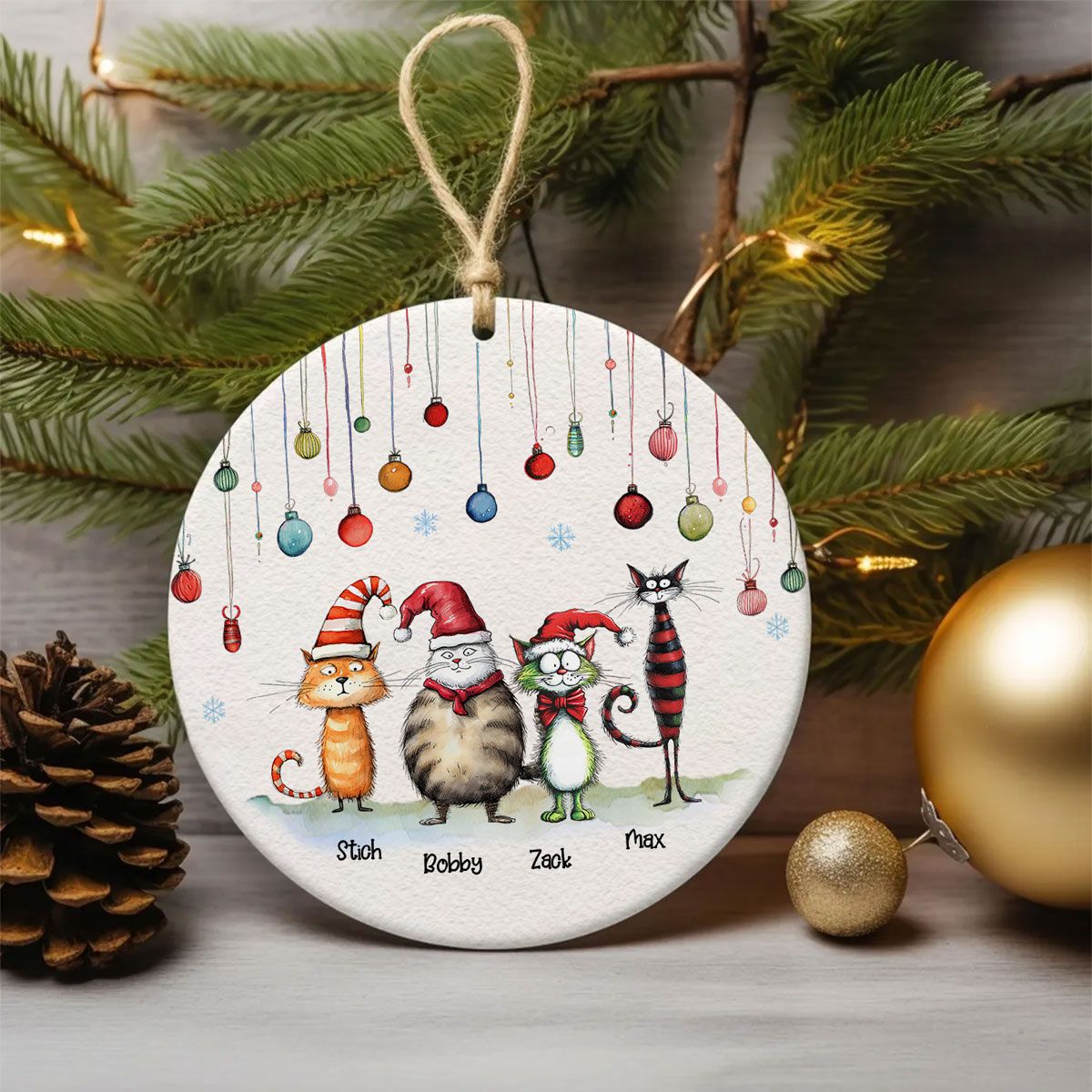 Quirky Christmas Cat Whimsical Funny Silly Holiday Cats Personalized Circle Ceramic Ornament