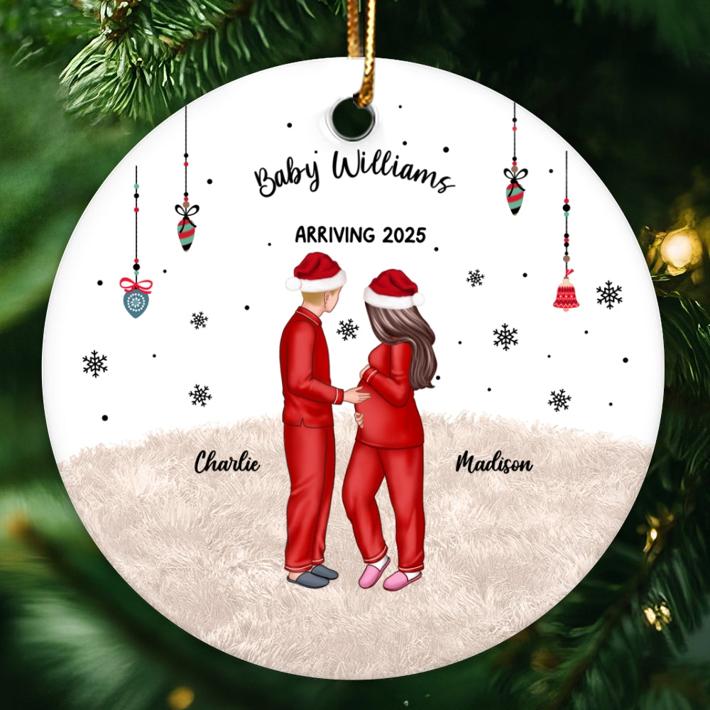 Personalized Pregnancy Ornament, Expecting Family Christmas Personalized Circle Ceramic Ornament, New Mom Christmas Gift