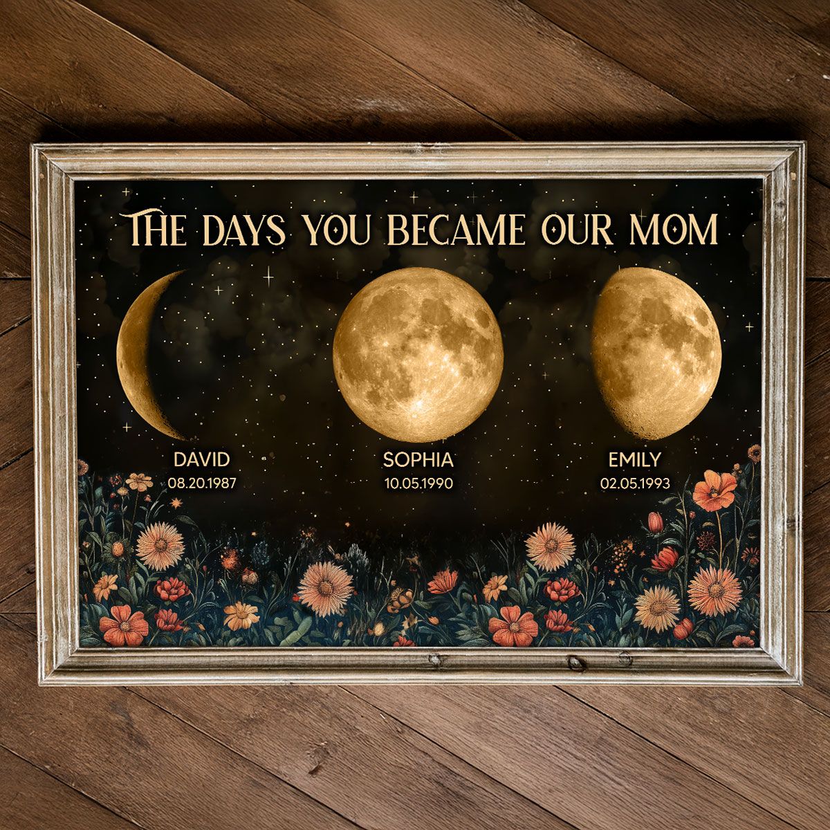 Vintage Flowers The Day You Become Mom Grandma Custom Birth Moon Phase Personalized Canvas, Mother's Day Gift