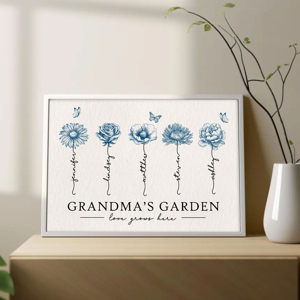 Grandma's Garden Love Grows Here Blue Vingtage Birthmonth Flowers Personalized Canvas, Grandkids Names Floral Gift