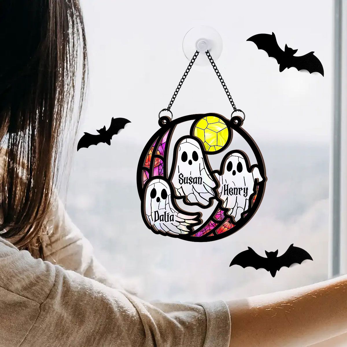 Grandma Mom Family Boo Crew Personalized Suncatcher, Halloween Decor