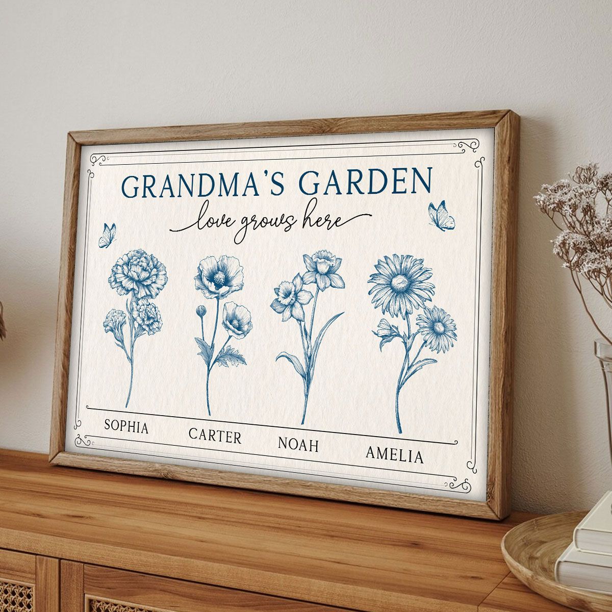 Grandma's Garden Love Grows Here Blue Vingtage Birthmonth Flowers Personalized Canvas, Grandkids Names Floral Gift