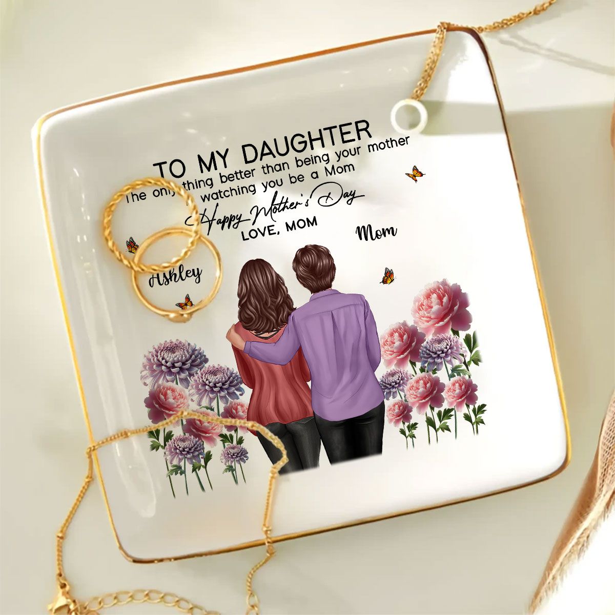 To My Daughter From Mom Happy Mother's Day Birth Flower Personalized Jewelry Dish, Mother's Day Gift For Daughter