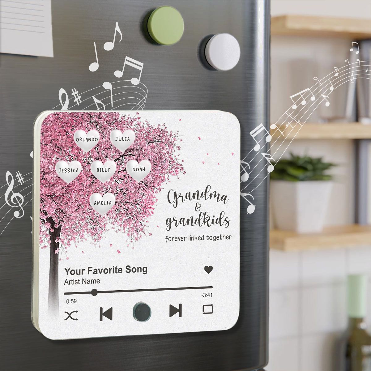 Grandma Grandkids Fill A Place In Your Heart Heart Tree Personalized Music Fridge Magnet, Heartfelt Mother's Day Gift For Mom For Grandma