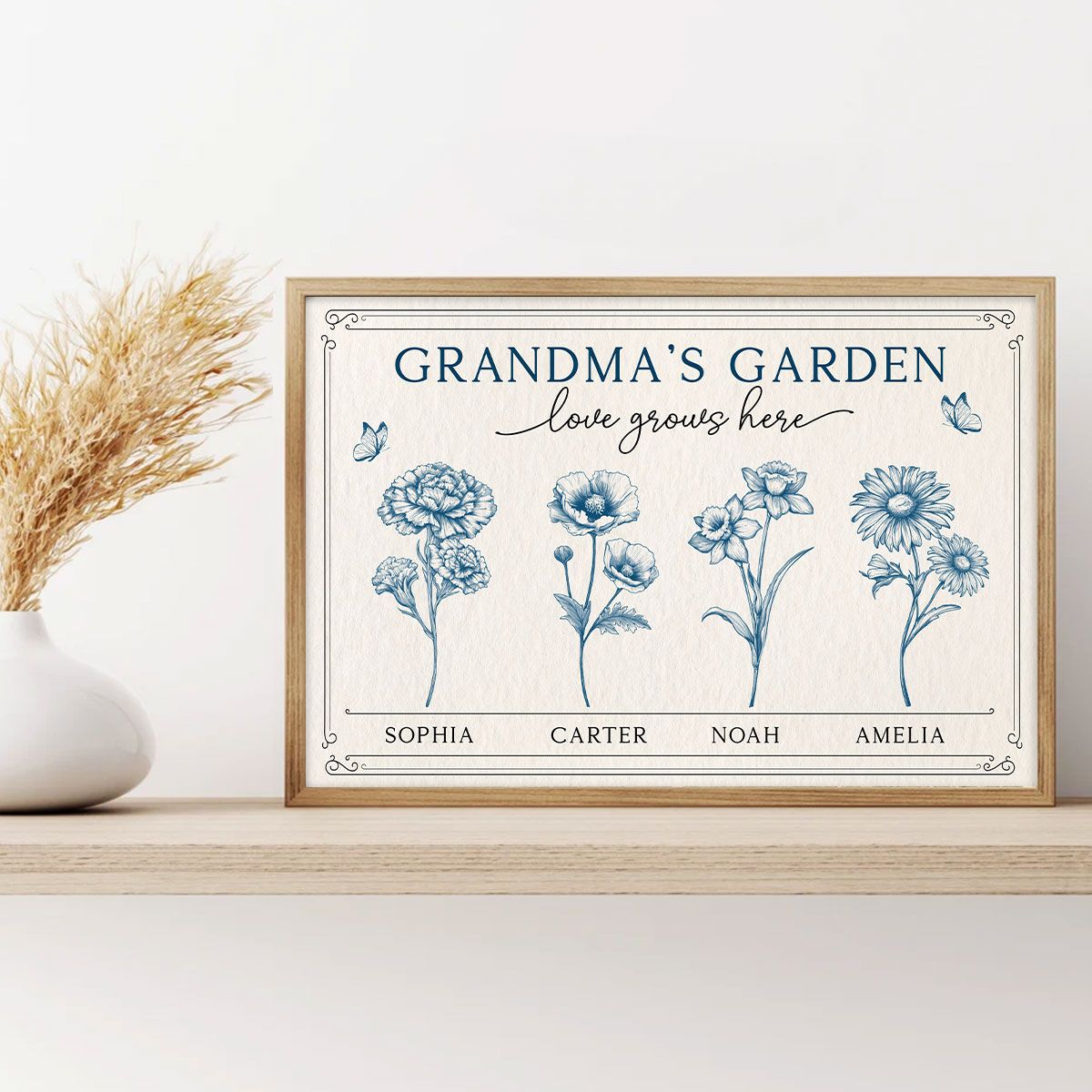 Grandma's Garden Retro Birthmonth Flower Personalized Canvas, Grandkids Names Floral Gift