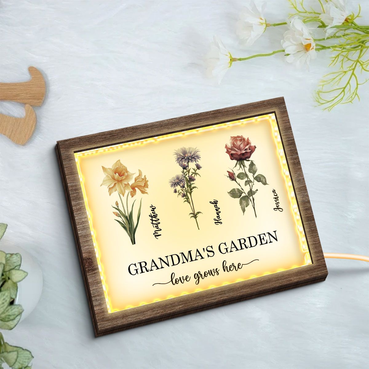 Grandma's Garden Love Grows Here Birth Month Flower Personalized 2-Layered Wooden Frame with LED, Heartfelt Mother's day gift for Grandma, Mom