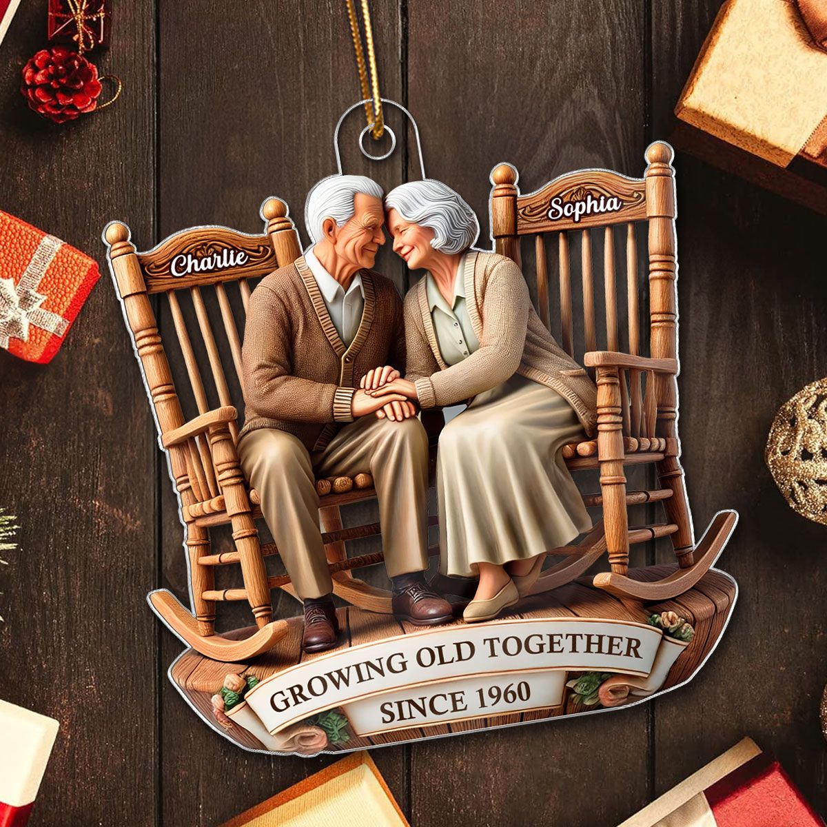 3D Effect Old Couple Sitting On Rocking Chairs Together Personalized Acrylic Ornament