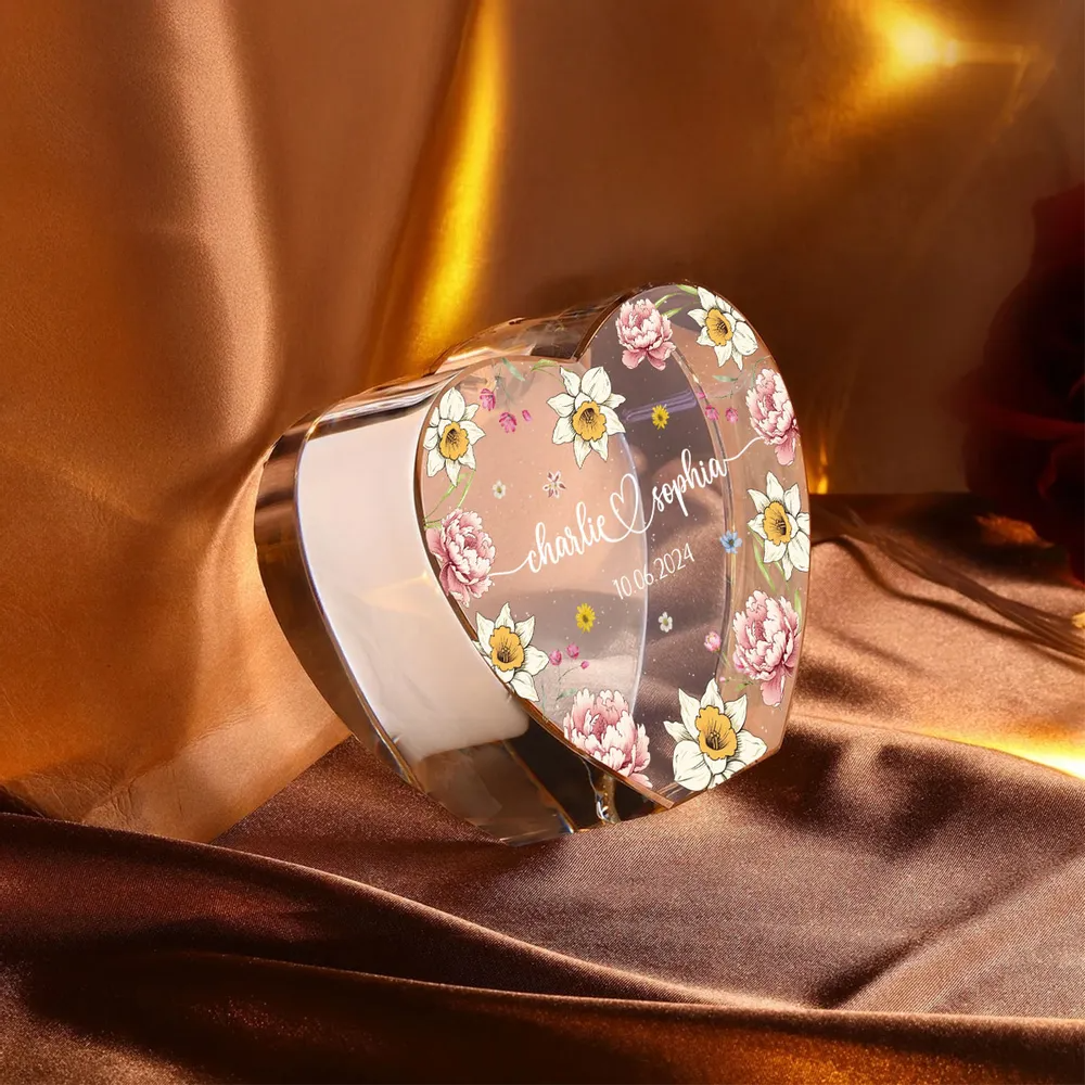 Couple Name Birth Month Flower Premium Crystal Heart LED, Unique Personalized Gift For Couple, For Him, For Her, Perfect Last-minute Valentine's Gift