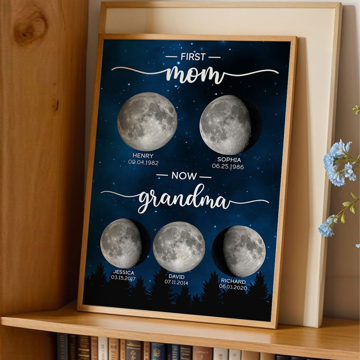 Galaxy Night First Mom Now Grandma Custom Birth Moon Phase Personalized Canvas, Mother's Day Gift