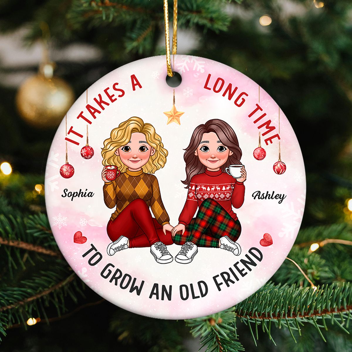 It Takes A Long Time To Grow An Old Friend Animated Besties Personalized Ceramic Ornament, Christmas Gift For Best Friend