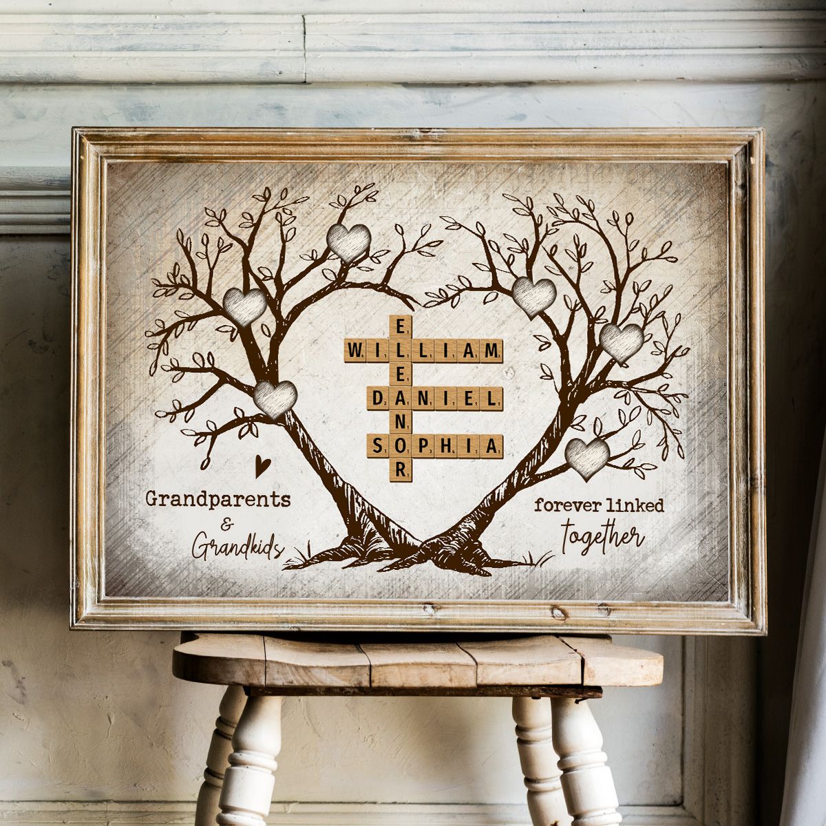 Grandparents & Grandkids Forever Linked Together Heart Tree Puzzle Crossword Art Personalized Canvas, Gift For Grandparents, Grandma, Grandpa