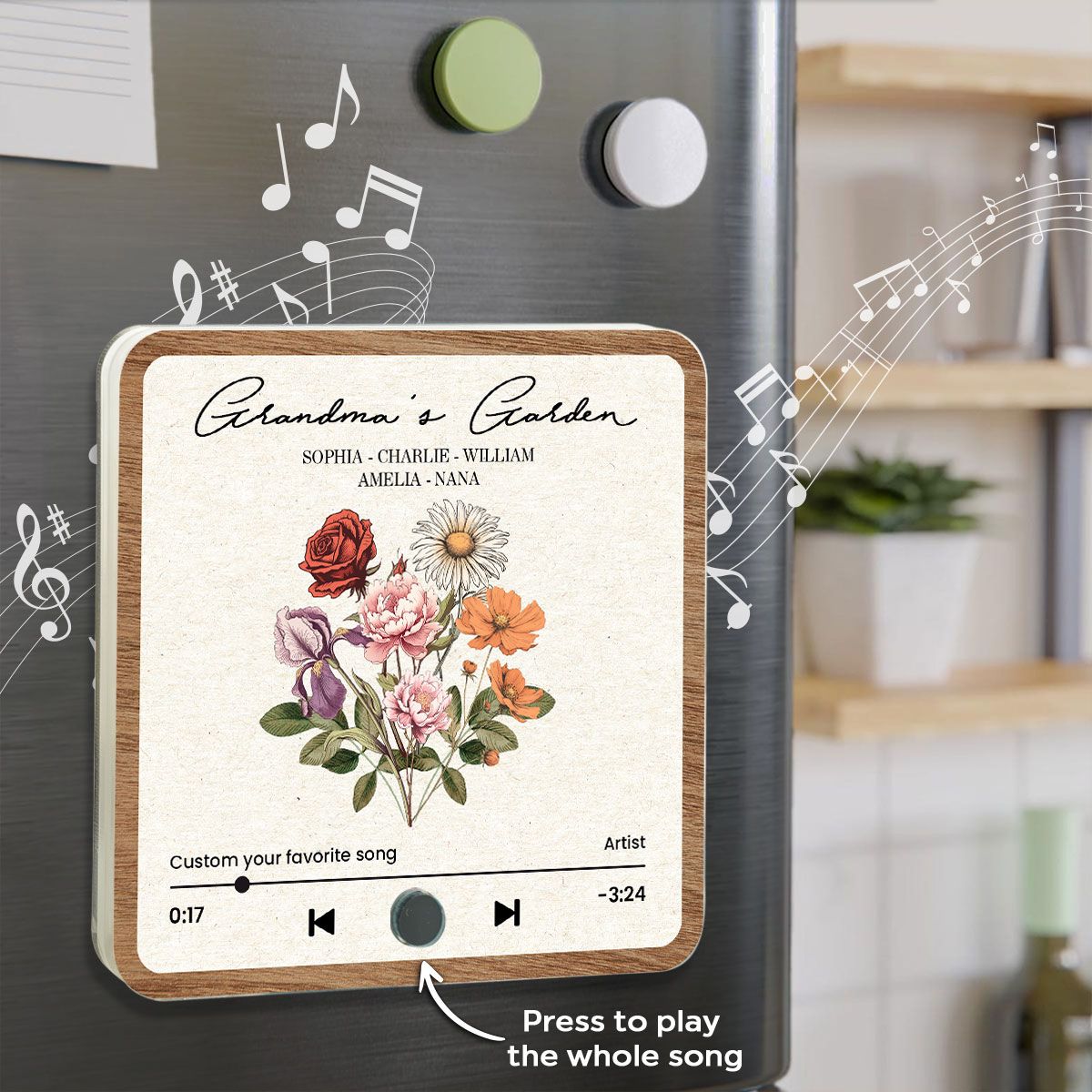 Grandma's Garden Retro Birth Flower Bouquet Personalized Music Fridge Magnet, Gift for Grandma, Mom