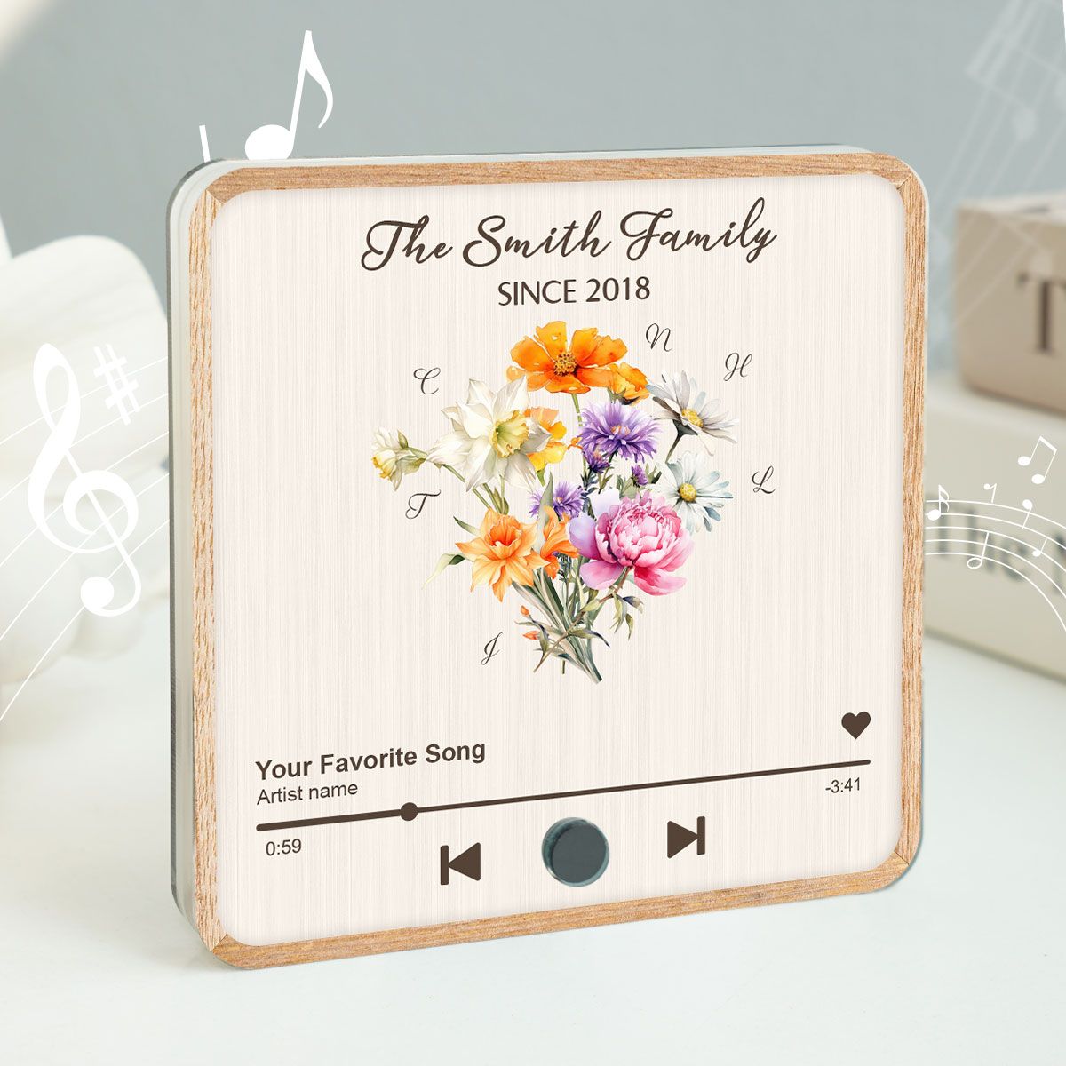 Birth Month Flower Bouquet Family Name Personalized Music Fridge Magnet