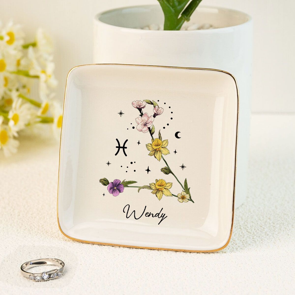 Zodiac Sign Birth Month Flower Personalized Jewelry Dish, Gifts For Friends, Daughter, Birthday Gifts