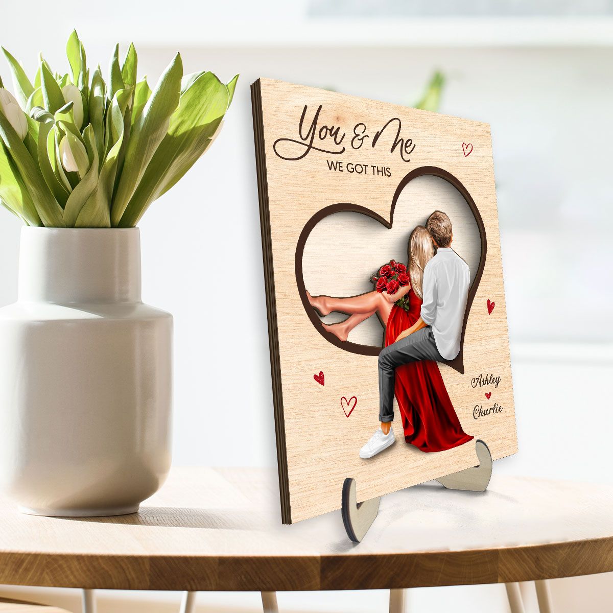 Couple Sitting On Heart Engraved Personalized 2-Layer Wooden Plaque, Valentine's Day gift, Anniversary Gift for Couples
