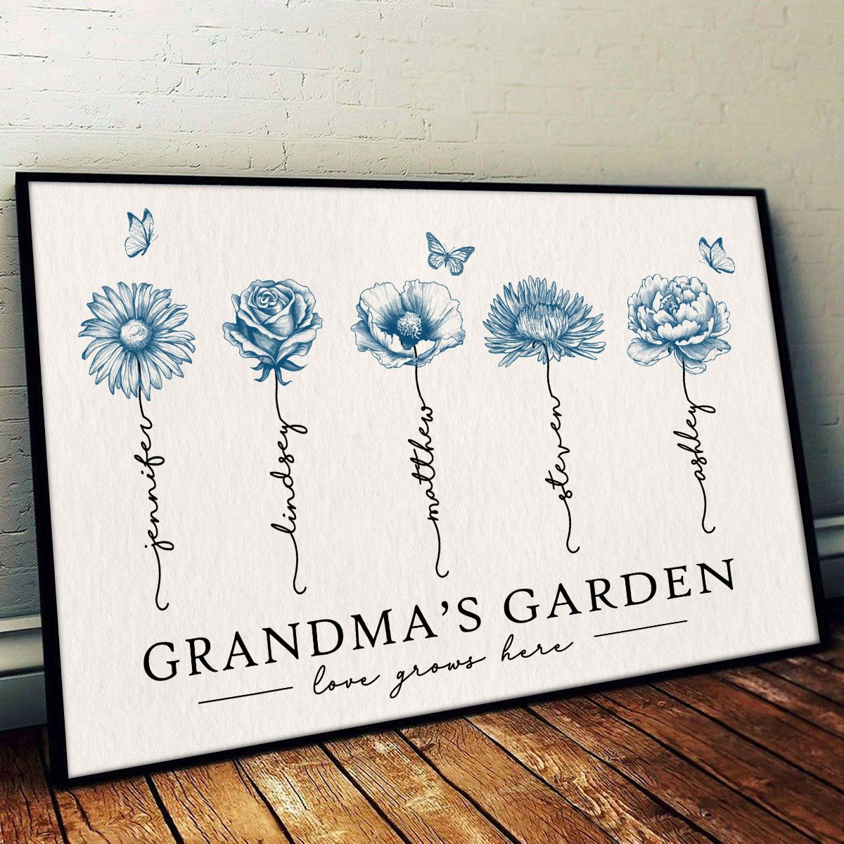 Grandma's Garden Love Grows Here Blue Vingtage Birthmonth Flowers Personalized Canvas, Grandkids Names Floral Gift