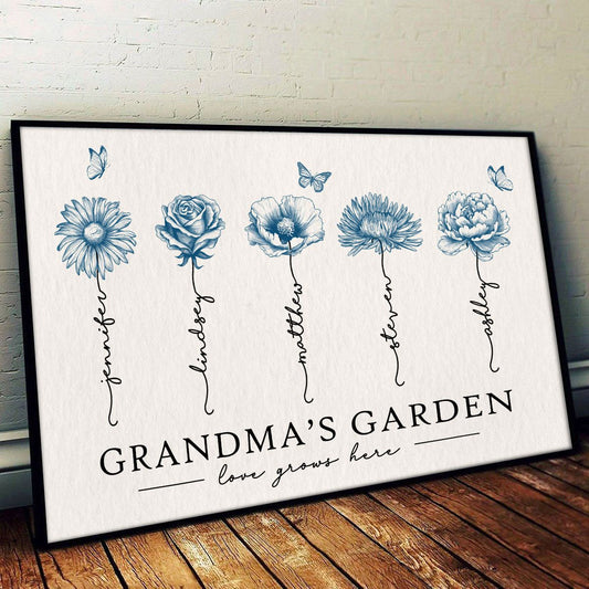 Grandma's Garden Love Grows Here Blue Vingtage Birthmonth Flowers Personalized Canvas, Grandkids Names Floral Gift