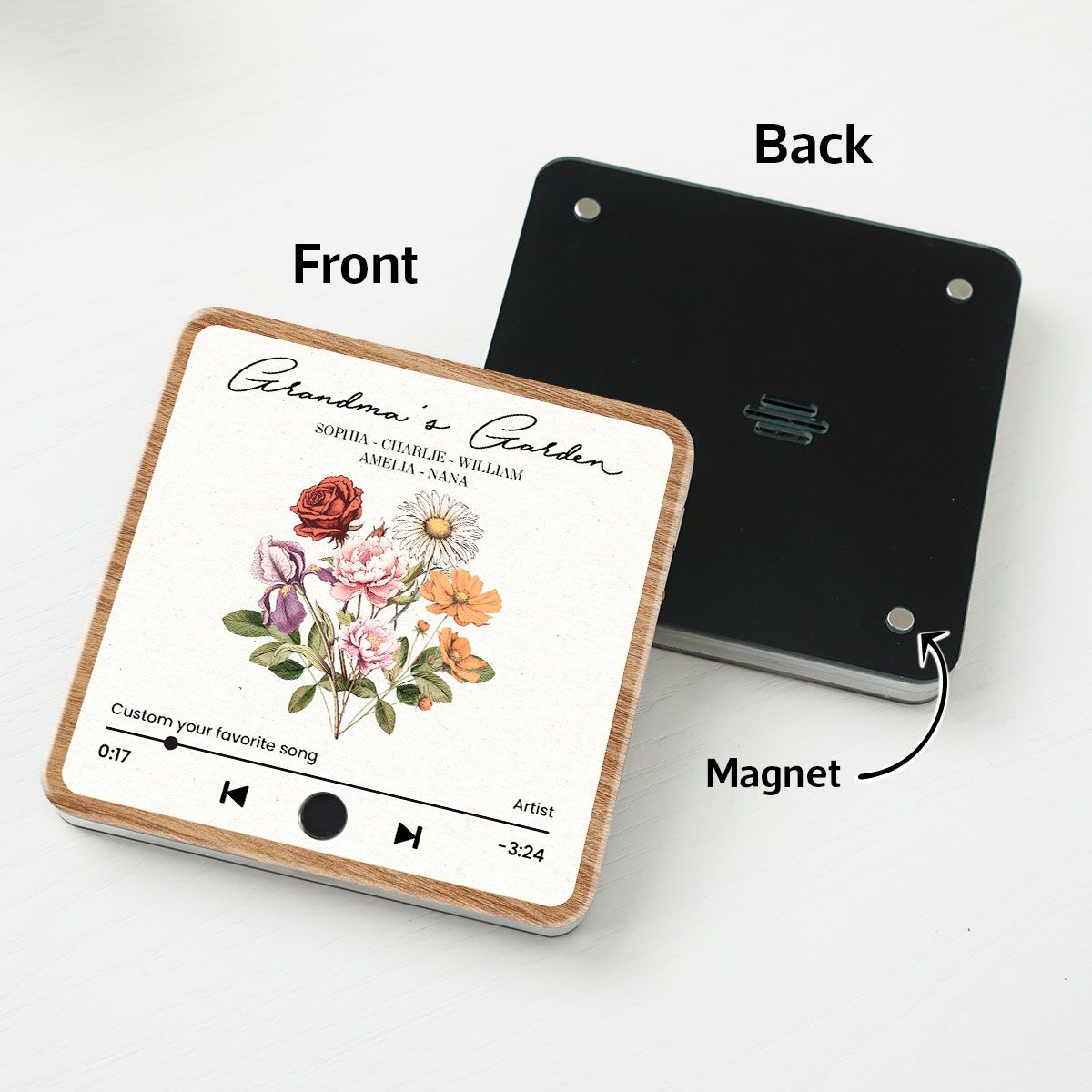 Grandma's Garden Retro Birth Flower Bouquet Personalized Music Fridge Magnet, Gift for Grandma, Mom