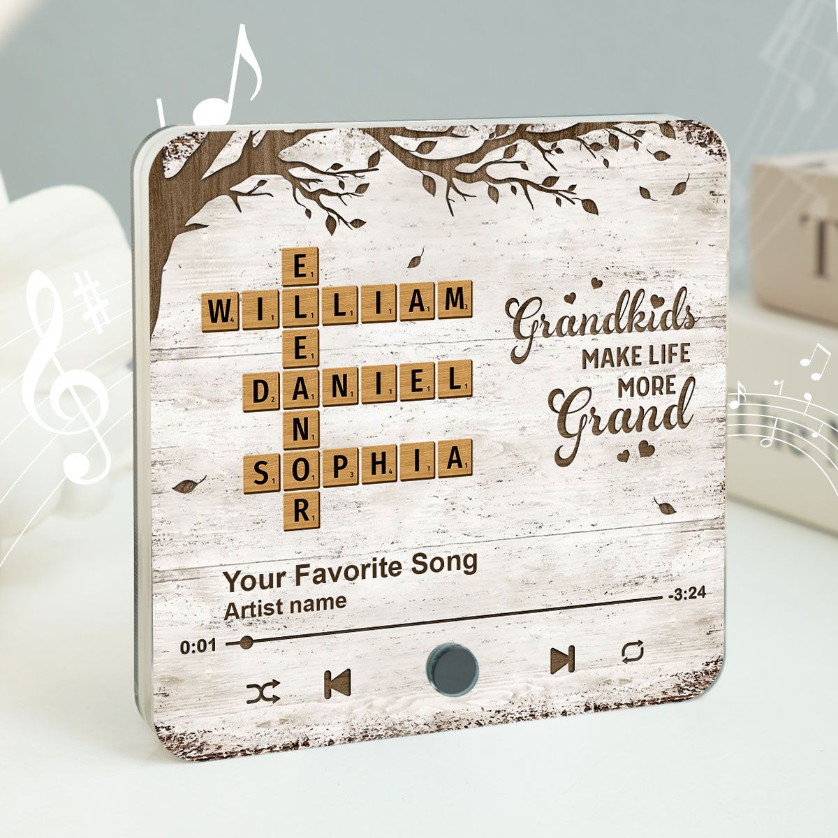 Grandkids Make Life More Grand, Crossword Puzzle Art Personalized Music Fridge Magnet, Mother's Day Gift for Grandma