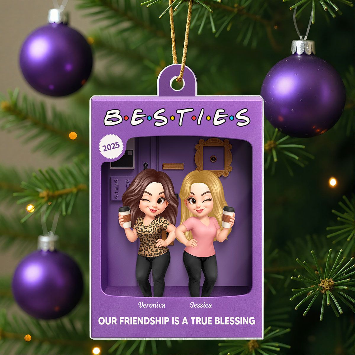 Besties Forever Best Friends Purple Toy Box Style Personalized Acrylic Ornament, Christmas Gift For Besties