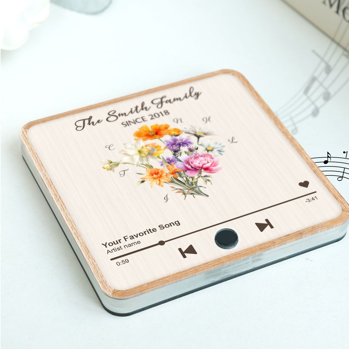 Birth Month Flower Bouquet Family Name Personalized Music Fridge Magnet