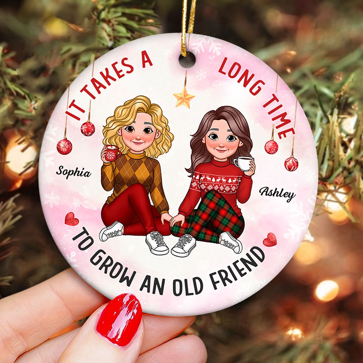 It Takes A Long Time To Grow An Old Friend Animated Besties Personalized Ceramic Ornament, Christmas Gift For Best Friend