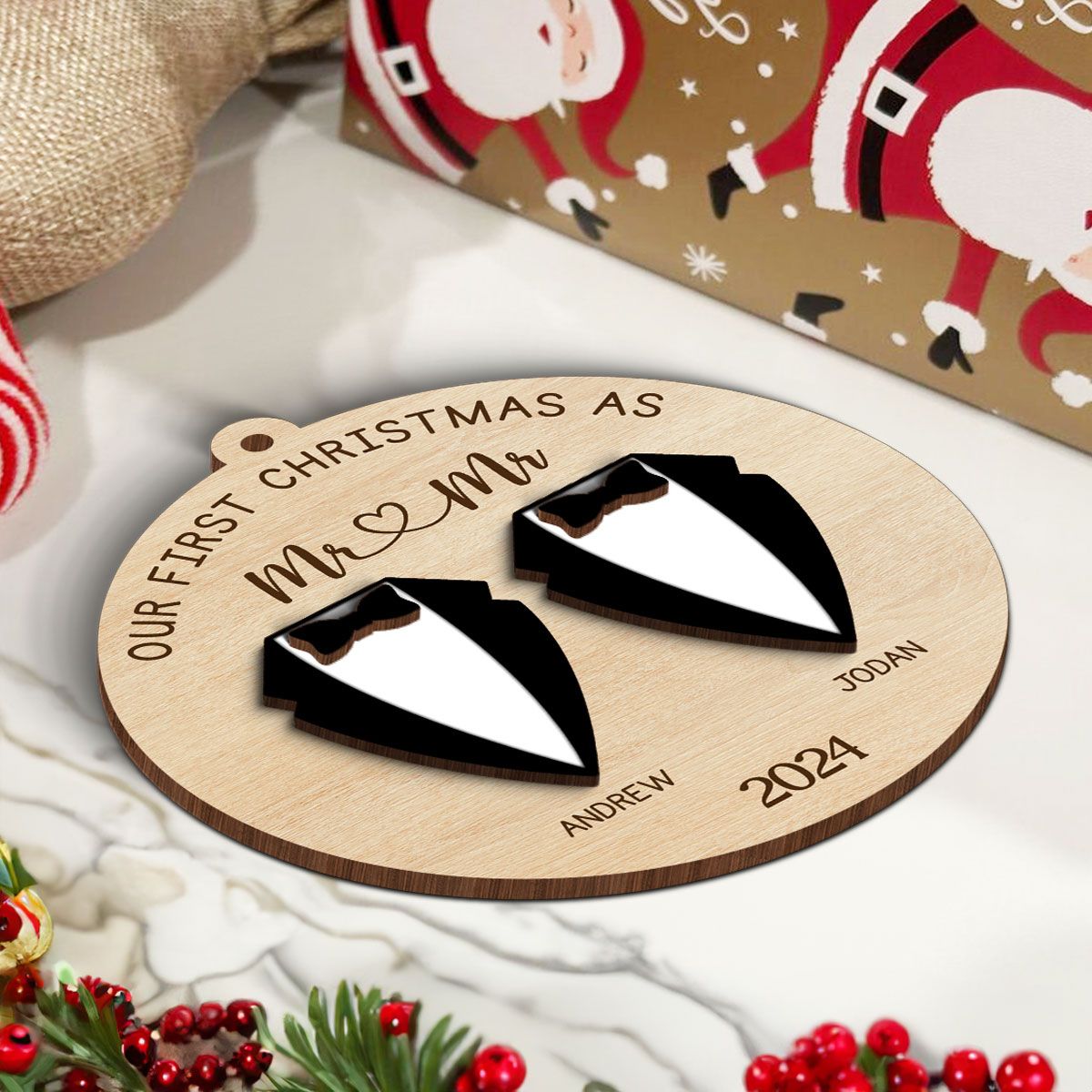 First Christmas Wedding Mr Mrs Personalized 3-Layer Wooden Ornament, Newlywed Gift Christmas Gift