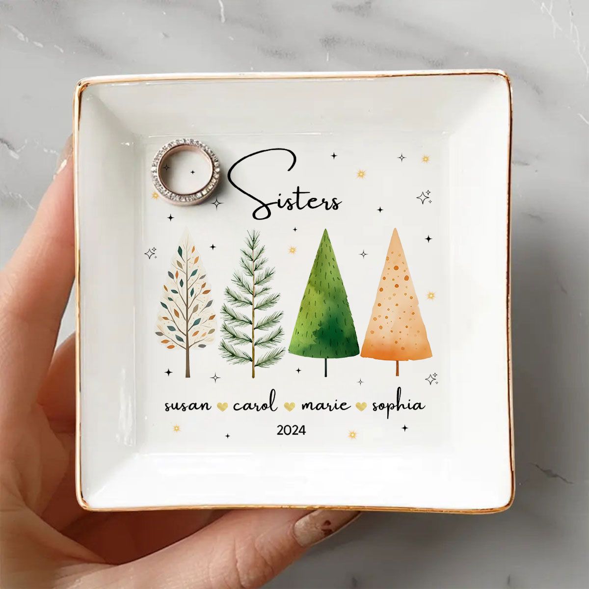 Christmas Trees Besties Sisters Personalized Jewelry Dish, Bridesmaid Gift, Best Friend Flower Ring Dish, Gift for Bestie, Christmas Gifts