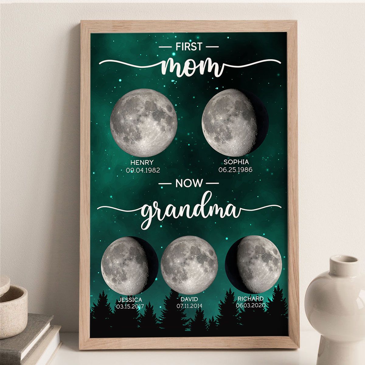 Galaxy Night First Mom Now Grandma Custom Birth Moon Phase Personalized Canvas, Mother's Day Gift