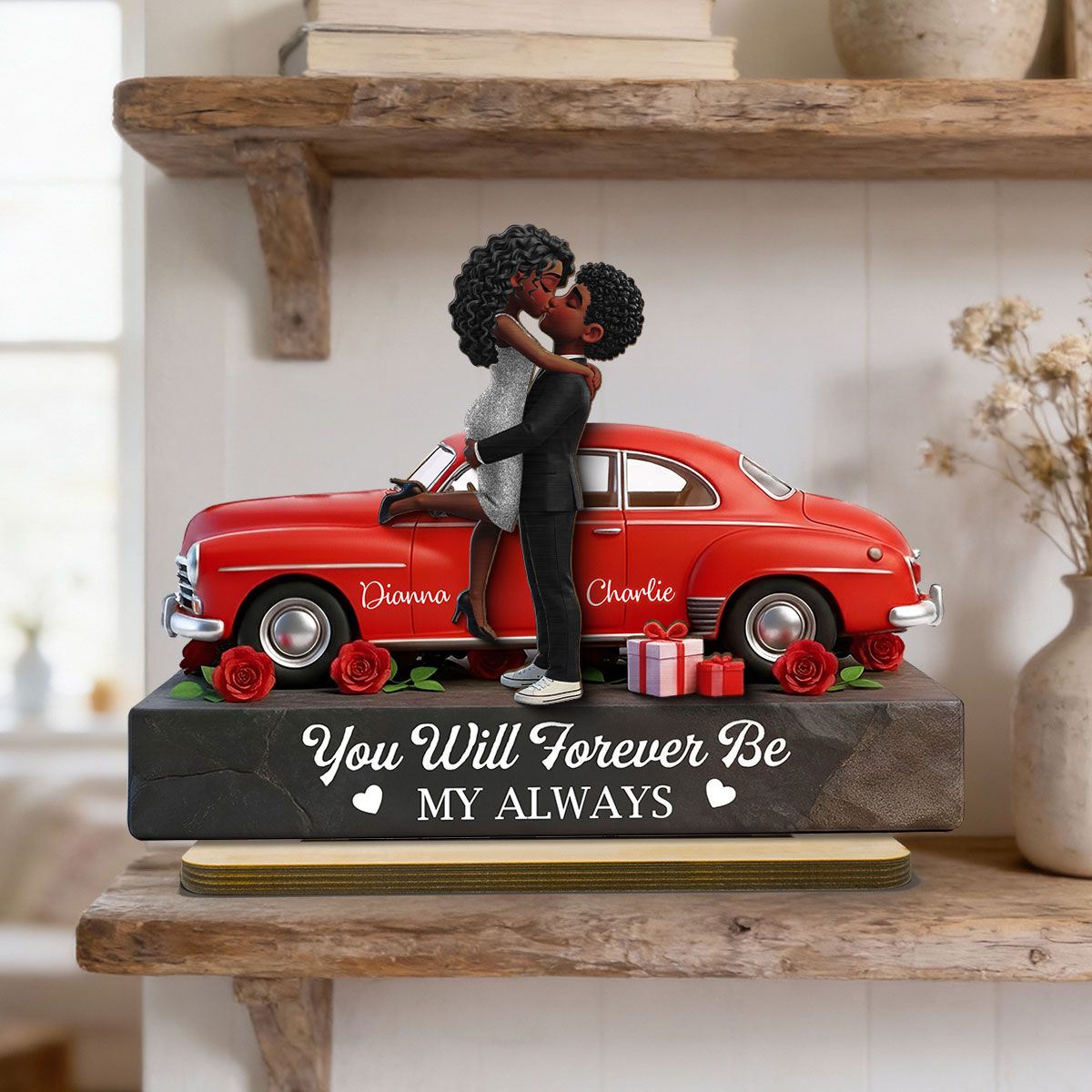 Romantic Couple Hugging Kissing Valentine Car - Personalized 2-Layered Wooden Plaque - Valentine's Day Gift For Couple