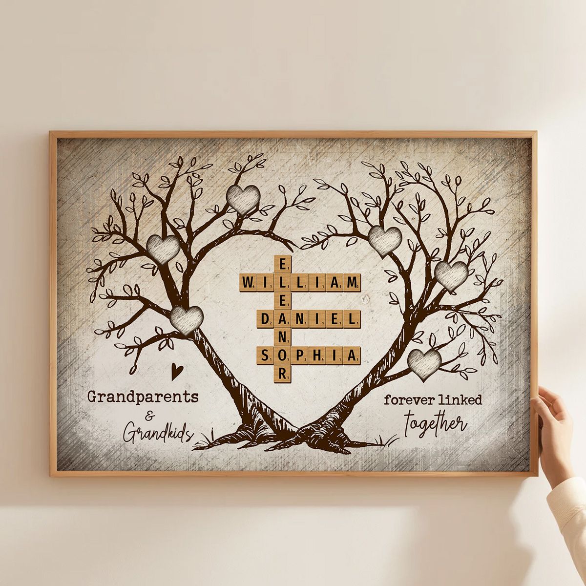 Grandparents & Grandkids Forever Linked Together Heart Tree Puzzle Crossword Art Personalized Canvas, Gift For Grandparents, Grandma, Grandpa